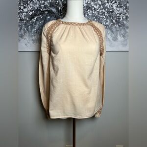 Faherty Arles embroidered blouse small cream boho cotton blend peasant top